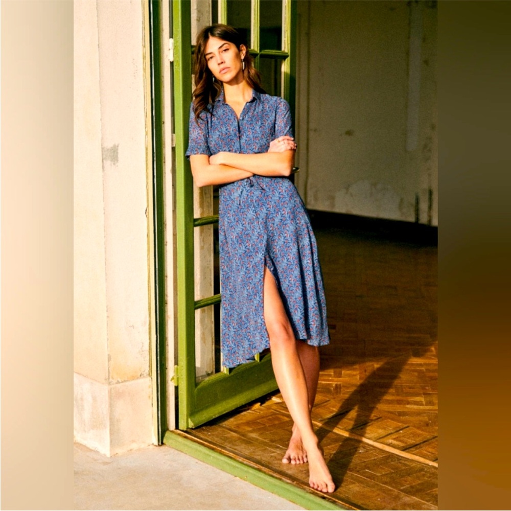 Sezane Blue Floral Jeanne Midi Dress size XS/34
